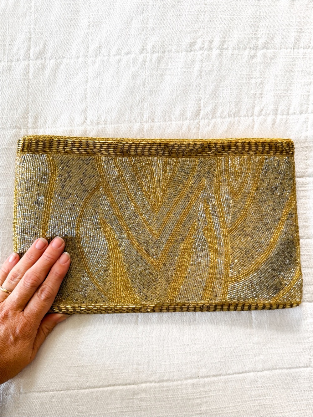 Elegant Vintage Gold & Silver Beaded XL Clutch